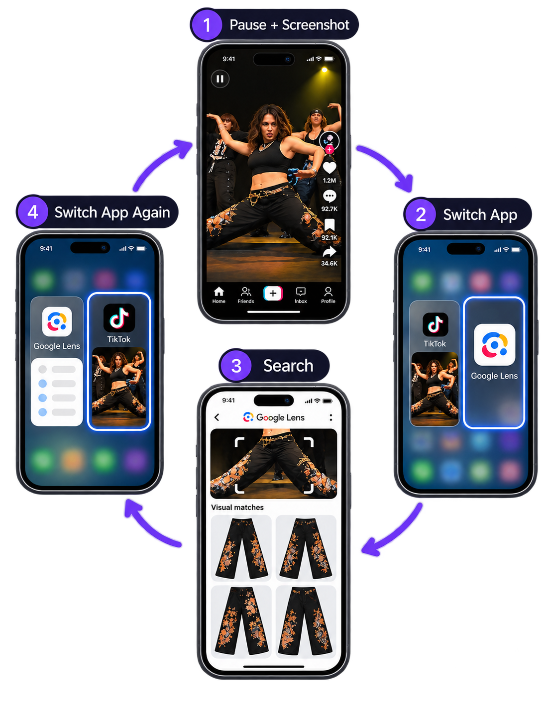 Screenshot, switch app, visual search, then return to the original content