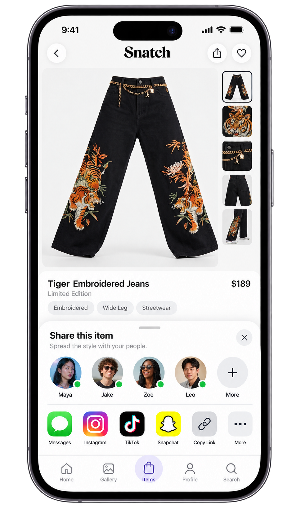 The same discovered pants opened in Snatch with options to share the discovery with contacts